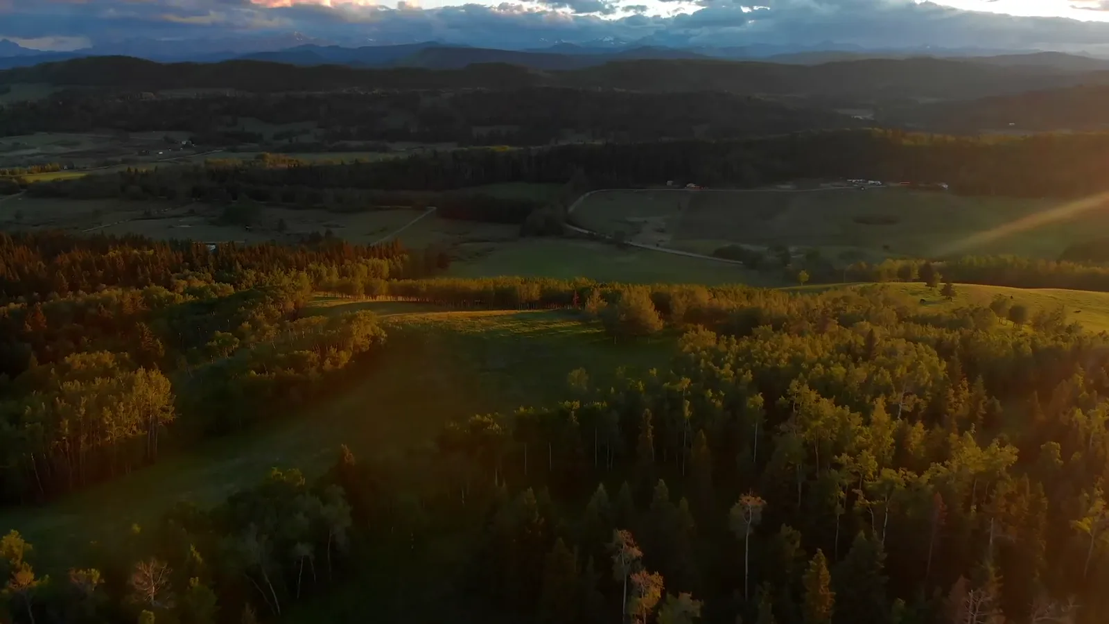 Rolling Alberta foothills at dusk, seen from the air