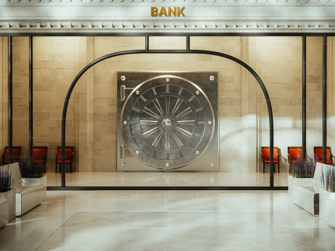 A bank lobby with a large vault door behind the counter