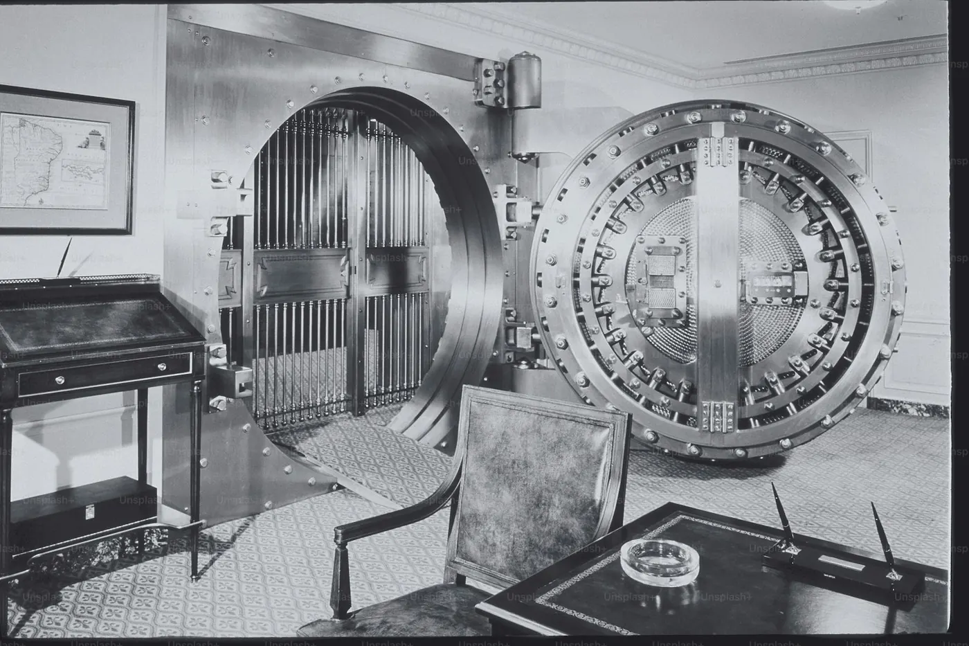 A vault room with the door standing open